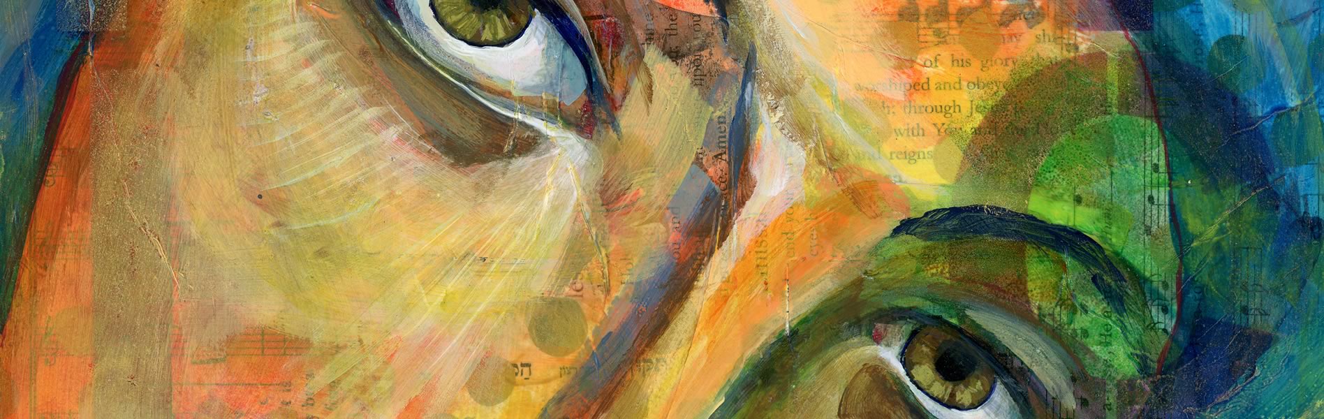 Religious Art Kat Kallen sacred art close up of layered painting in orange, gold, green, and blue